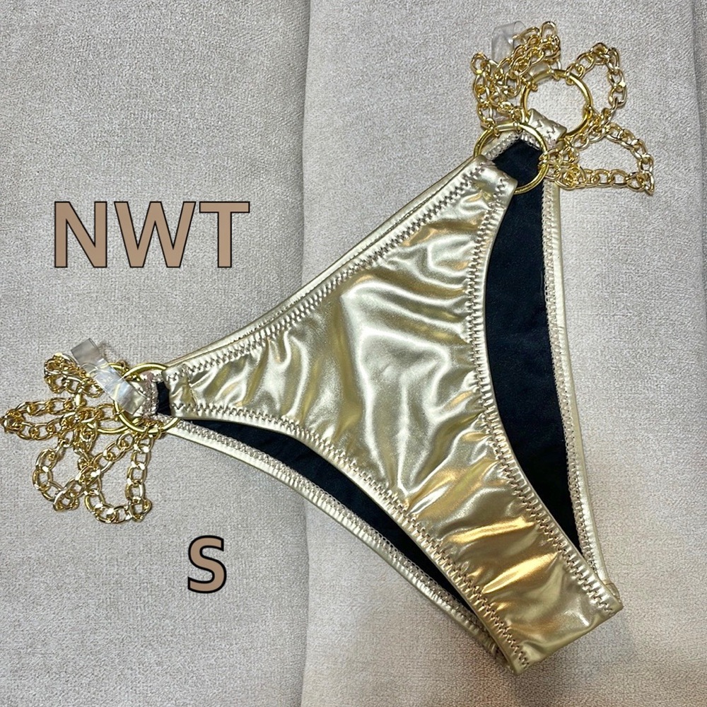 NWT (XS/S) Gold chain gold foil swim bottoms label MfitsS gold hoop circle sides